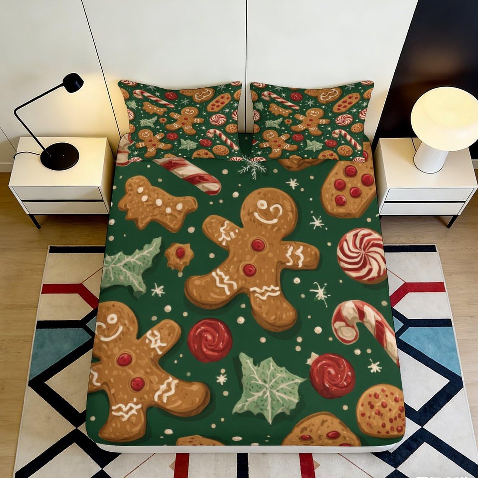 3D Printed Gingerbread Cookie Fitted Sheet Microfiber Holiday Candy Mattress Cover Non-Slip Machine Washable for Bedroom Guest Room 90x200x25cm