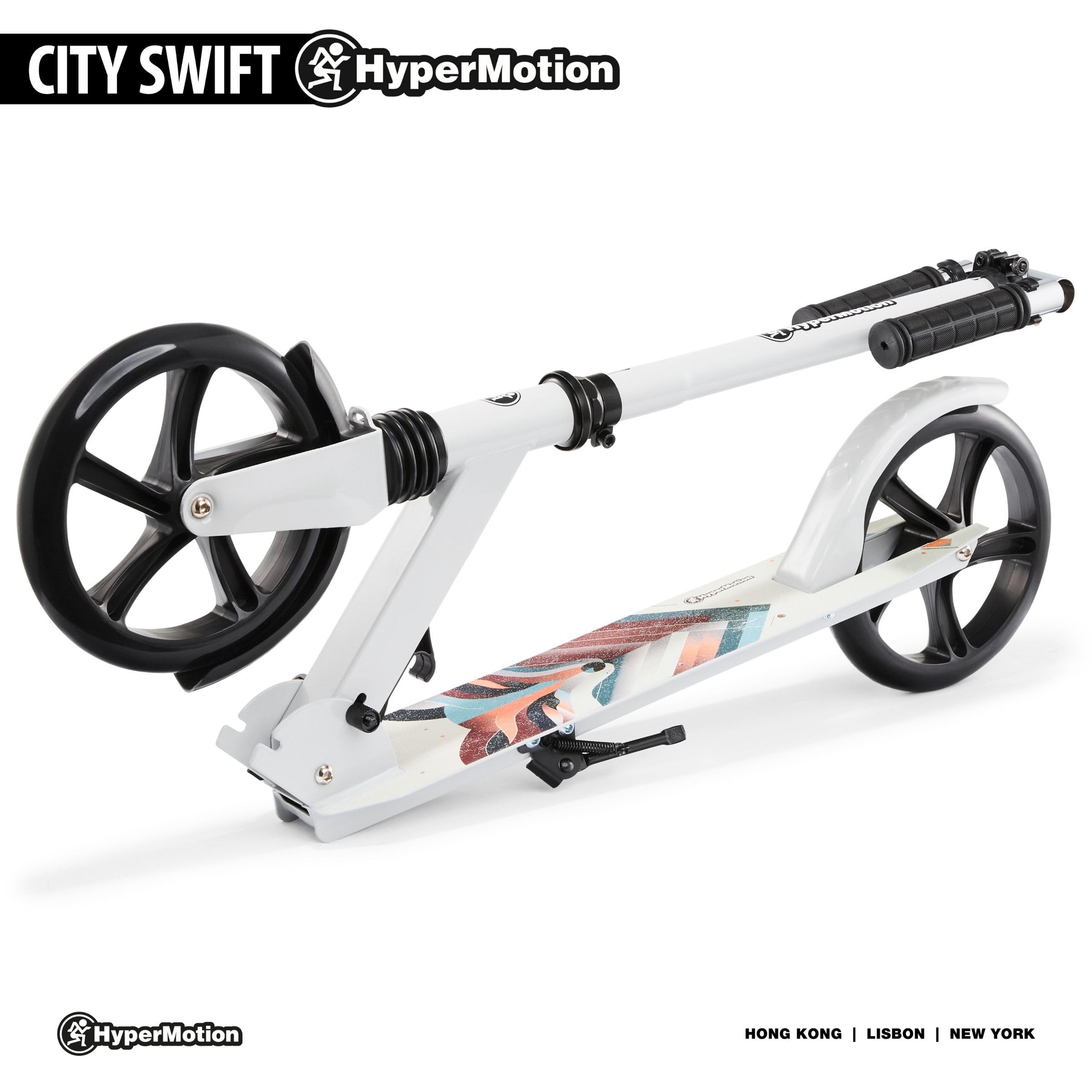 HyperMotion Hulajnoga Dwukołowa dla Młodzieży i Dorosłych, z Amortyzatorem, do 100kg, Regulowana Kierownica 85-95 cm, Antypoślizgowy Deck, Stabilna, Łożyska ABEC-7, Składana, Zimowy Lis