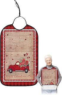 BOBOWUNY Valentines Truck Adult Bibs for Elder Women Men Eating, Roses Love Heart Red Black Plaid Vintage Wood Waterproof & Washable Bibs for Eating Clothing Protector Dining Bibs for Crumb Catcher
