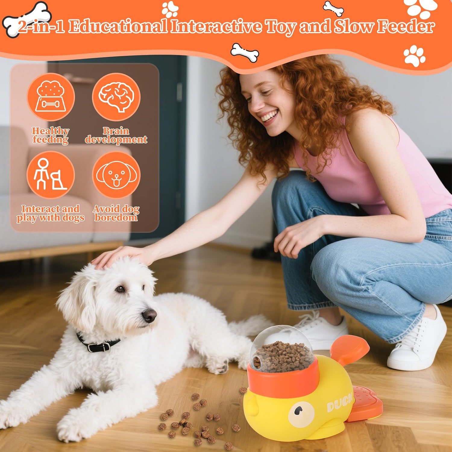 2 Pcs 2-in-1 Interactive Duck Treat Dispenser, Slow Duck Pet Feeder, Dog Treat Dispenser Toy, Feeder Puzzle Toy with 3 Food Outlet Sizes Toy for Small Medium Large Dogs (Yellow/White)