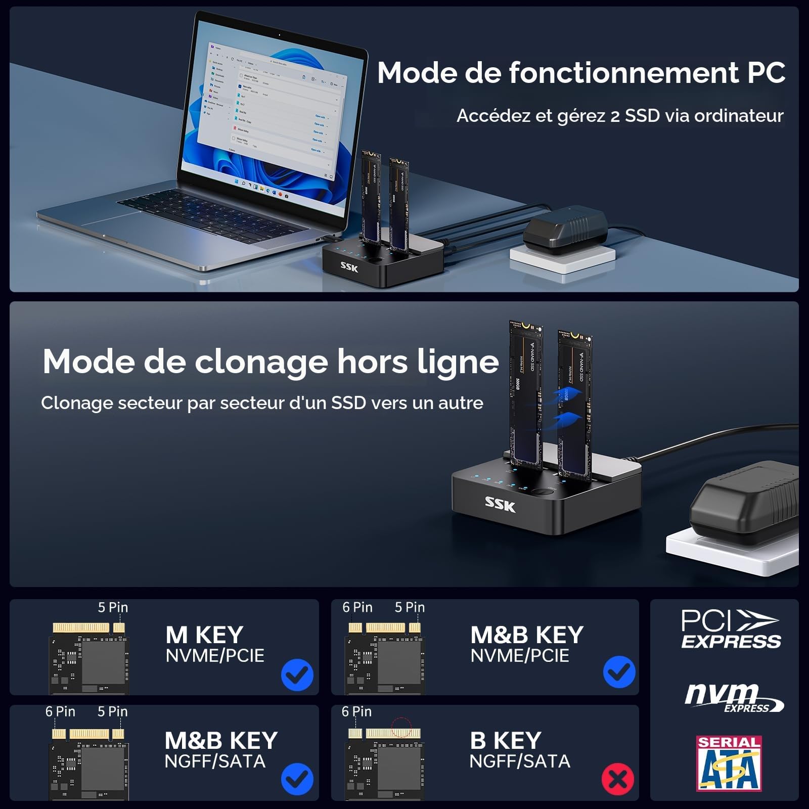 SSK Dock Disque Dur Cloner SSD M.2 NVMe SATA, Station d'accueil Double Baie 10Gbps USB 3.2 Gen 2, Adaptateur USB pour SSD PCIe M Key/B+M Key avec Clonage Hors Ligne
