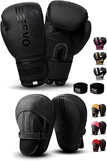 EVO Fitness Matte Black Boxing Gloves and Pads Set Punching Focus Mitts Hook and Jab Hand Target Strike Shield Training Sparring MMA Martial Arts Muay Thai Kickboxing Karate Men Women