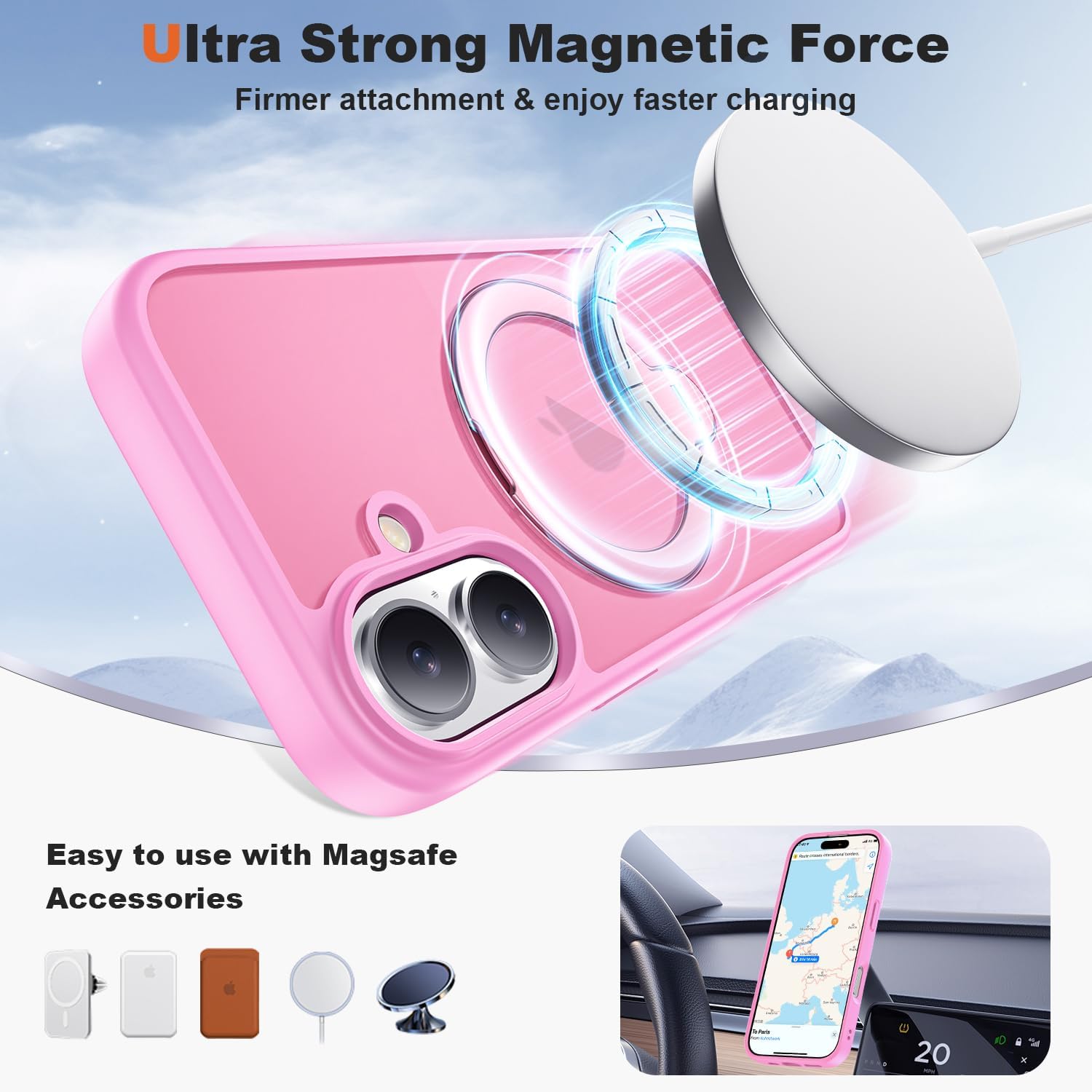 Compatible with iPhone 16 Case with 360° Spin Magnetic Ring Stand [Compatible with Mag-Safe][Military Grade Protection] Translucent Matte iPhone 16 Phone Case 6.1", Pink - Image 4