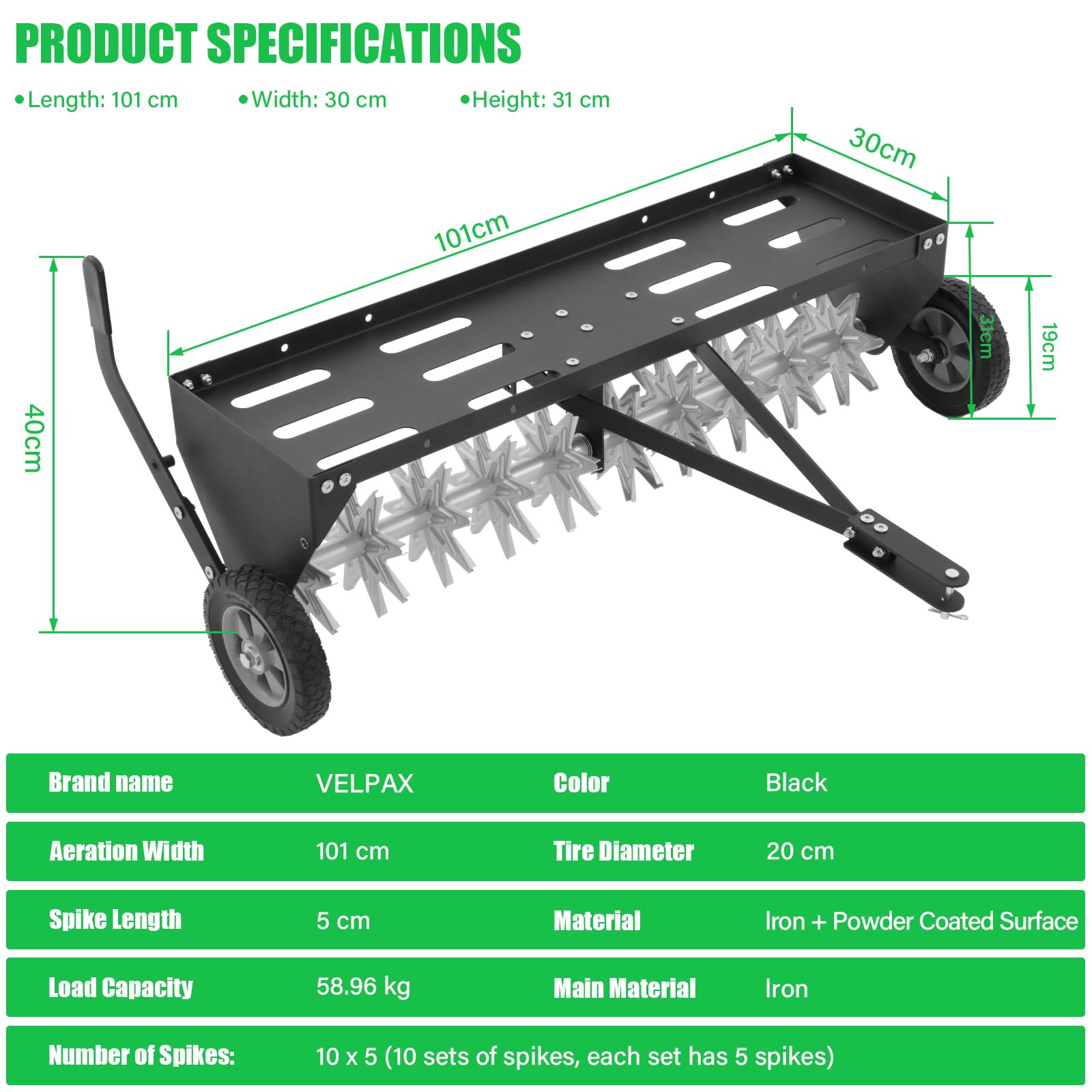 VELPAX Aireador para cortacésped de 101 cm – Acoplamiento universal, enganche extra ancho, aireador de césped duradero para tractor con 10 dientes