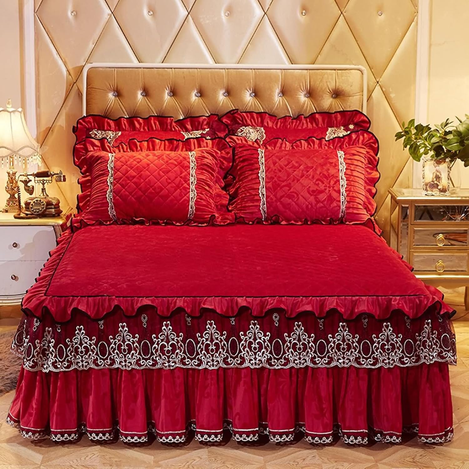 Beydodo Bed Skirts 70 x 78 inch, Fitted Sheets Khaki with Floral Textured and Lace, Velvet Mattress Protector and Pillowcase Set, 180x200cm