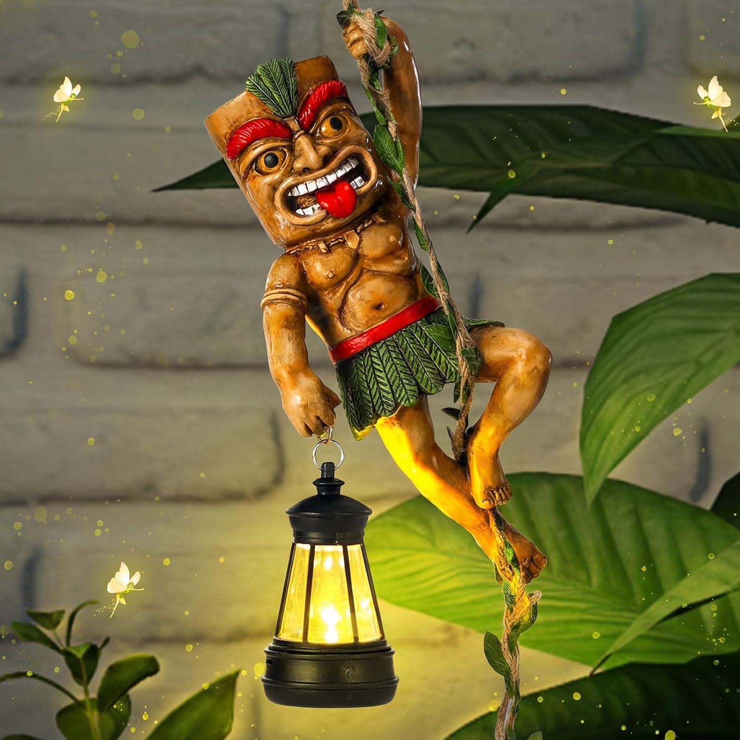 Kathfly Solar Light Outdoor Tiki Statues Resin Tiki Man Climbing on Vine with LED Lantern Waterproof Lamp Hanging Figurine with Hook for Hawaiian Gift Bar Decor Porch Patio Summer Yard Lawn Figurine