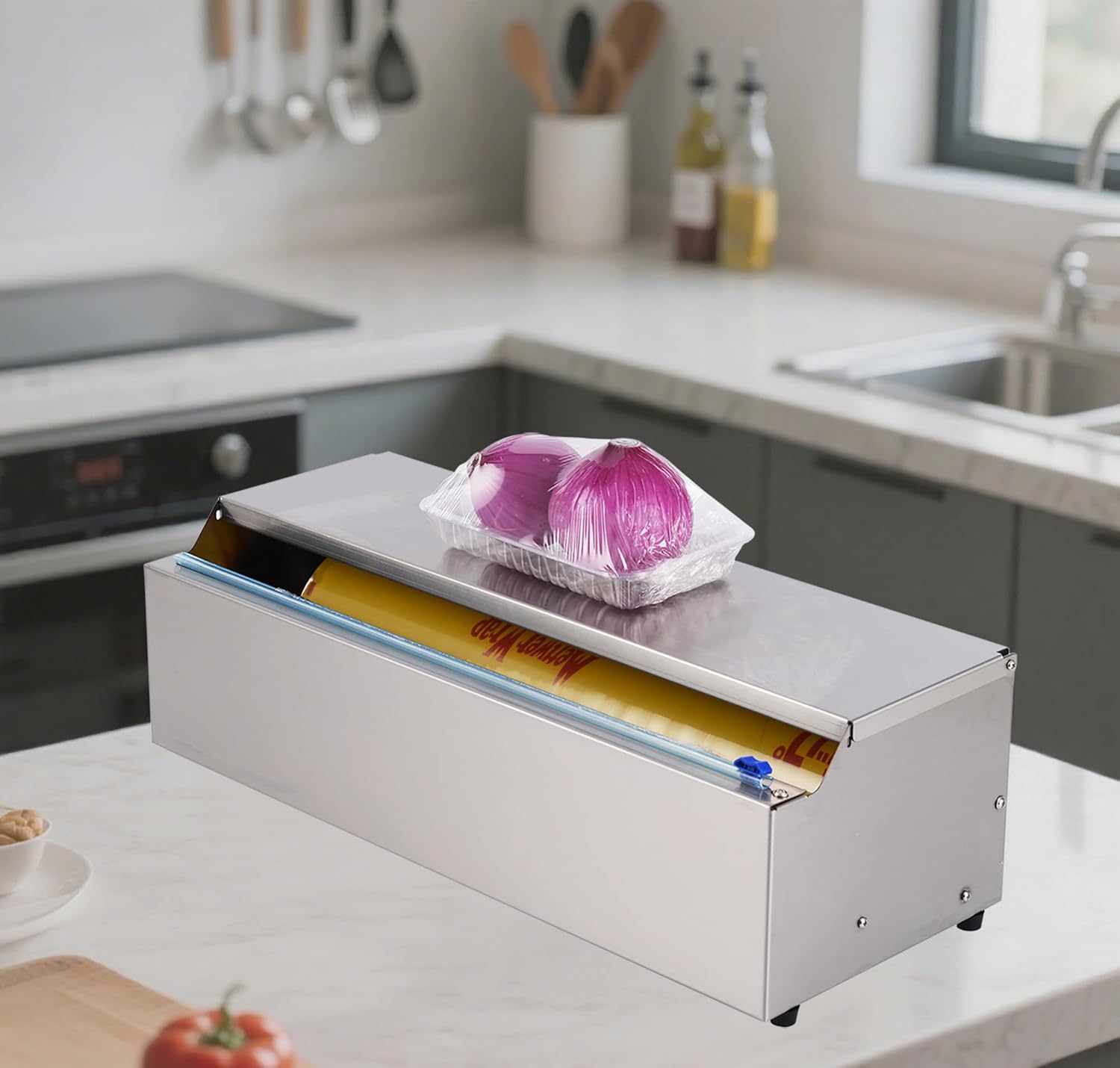 Plastic Wrap Dispenser with Slide Cutter for Busy Kitchens and Commercial Use – Fits Cling Wrap