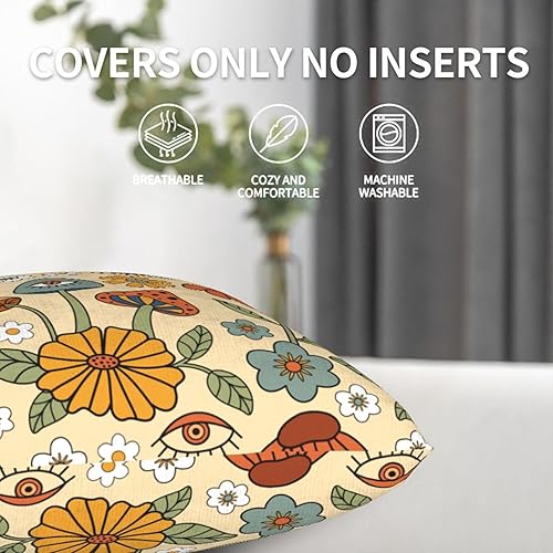 Miniatura 3 de Juego de 2 fundas de almohada bohemias florales amarillas y naranjas de 18 x 18 pulgadas, bonitas fundas de almohada decorativas con hongos