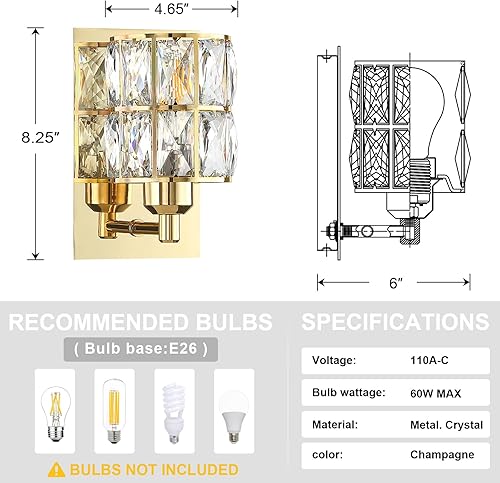 Miniatura 3 de Doraimi Lighting 1 luz, paquete de 2 apliques de pared de cristal, acabado champán, moderno estilo conciso, lámpara de pared de ópalo poliédrico,