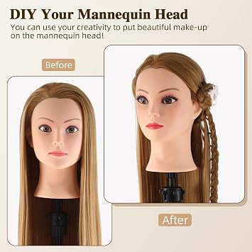 Mannequin Head with Hair, 26 Hairdressing Head Cosmetology Mannequin Head Manikin Doll Head Training head with Table Clamp and Hair Accessories (Blonde)