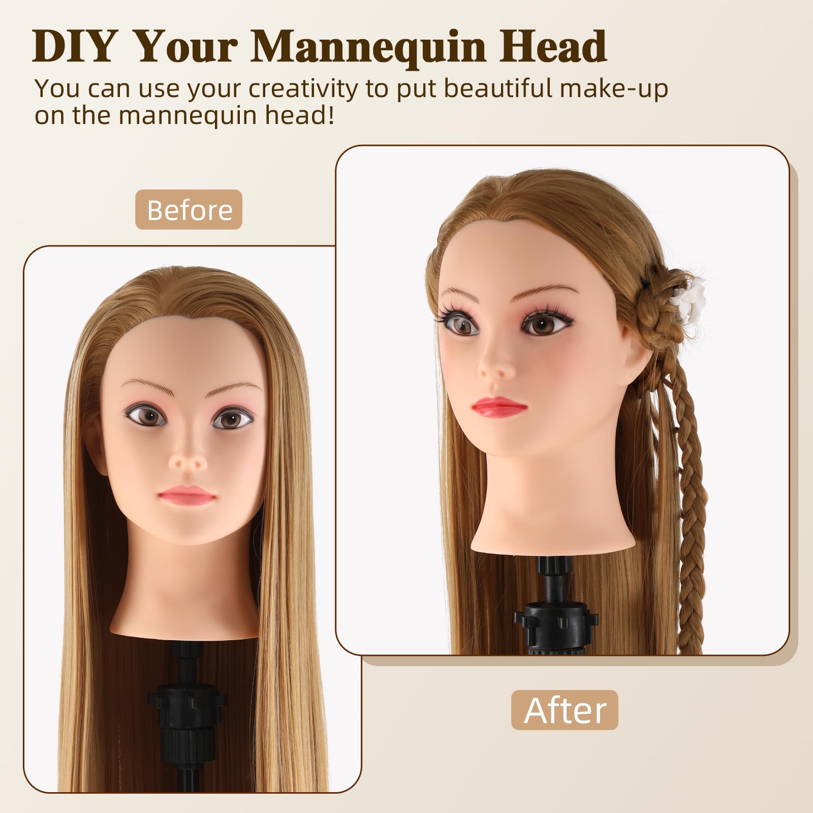 Cabeza maniquí Cabeza Peluqueria 100% de cabello sintéticas Cabeza Practica Peluqueria cabeza de muñeca con Soporte de Mesa + Accesorios de Peinado