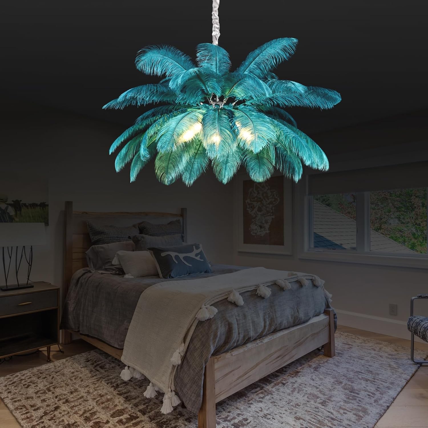 Modern Feather Chandelier for Bedroom, Blue Feather Ceiling Light Fixture with Ostrich Hair Lampshade, Pendant Lights for Living Room, Hotel, Corridor, Foyer