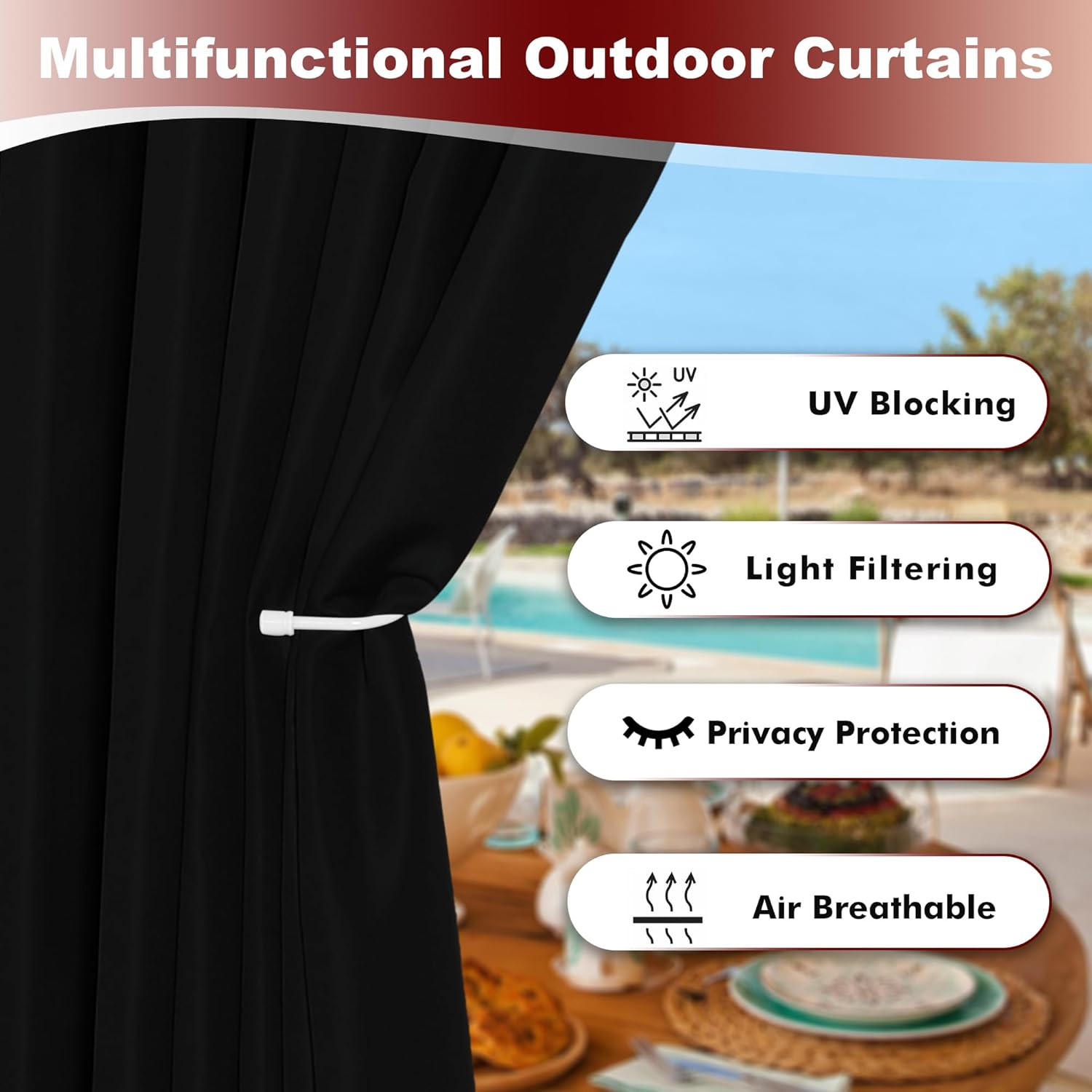 HolidayIdeas Grommet Outdoor Curtains for Patio Waterproof 8 Pcs All Weather Balcony Black Outside Curtains for Apartments, Gazebo, Pergolas, Porch, 54x84 Inch