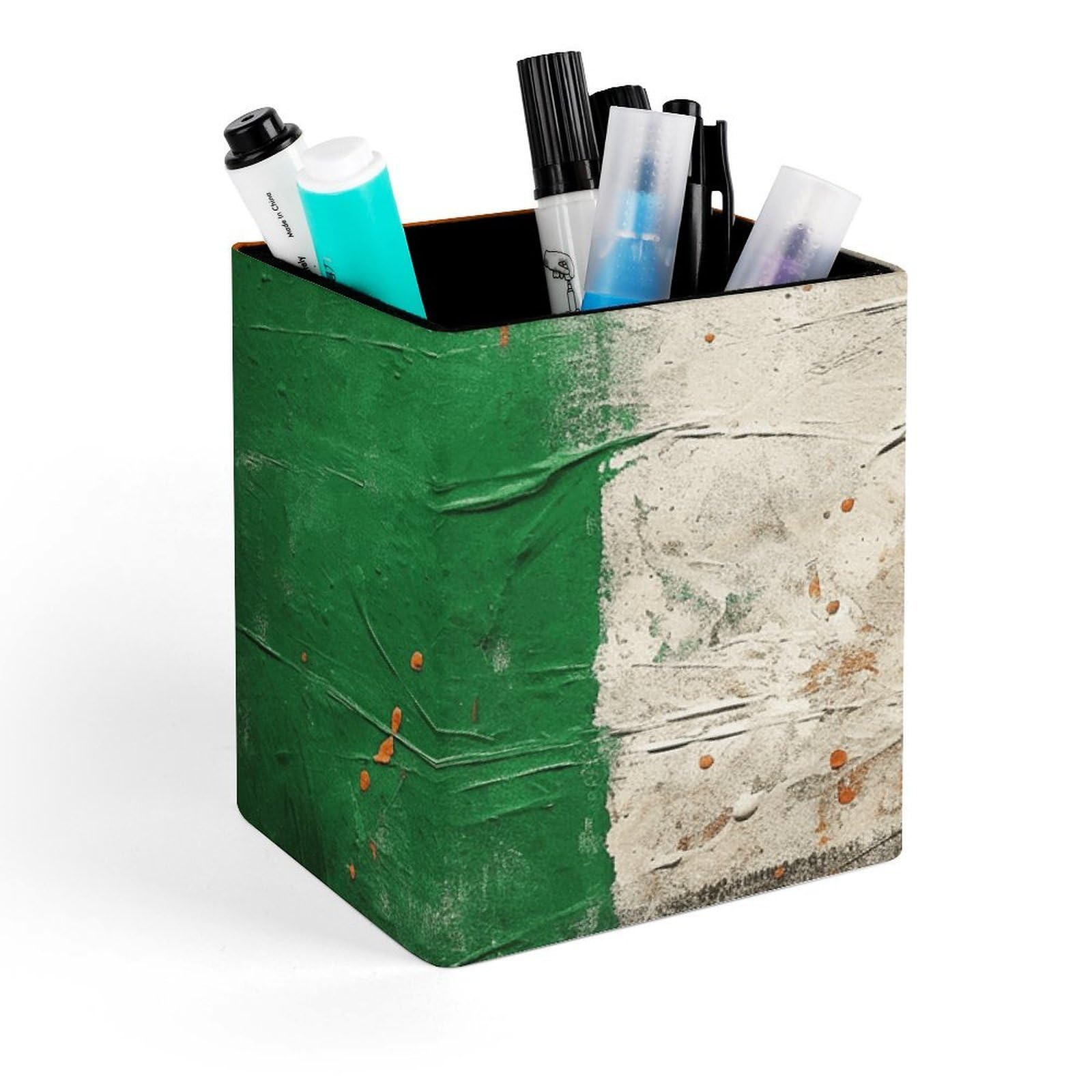 FekiLoot Hand Drawn Flag Pattern Pencil Holder Square Leather Pen Holder Cup Modern Multi-Functional Pencil Cup Holder Decorative Desk Organizer Caddy Makeup Brush Holders for Desk Office