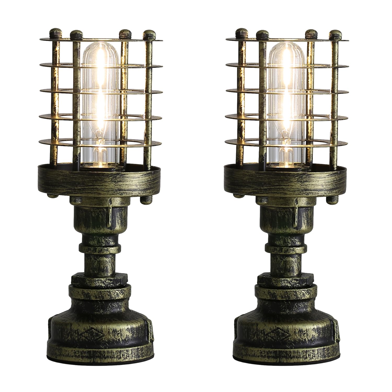 Kaj Hejmo Vintage Industrial Steampunk Desk Lamp with Lampshade Ring, Water Pipe Bedside Table Lamp, E27 LED Edison Table Desk Lights Bedroom Living Office Home Decor (Set of 2, Bronze-Cylinder)