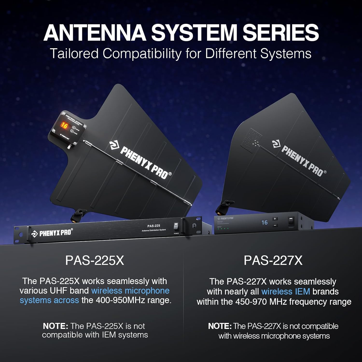 Phenyx Pro UHF Wireless Antenna Combiner Bundle for in-Ear Monitor System, 4-Way IEM Transmitter Combiner w/Active Directional Paddle Antenna, 16 Gain Control, Receiver Mounting Rod&Plate (PAS-227X)