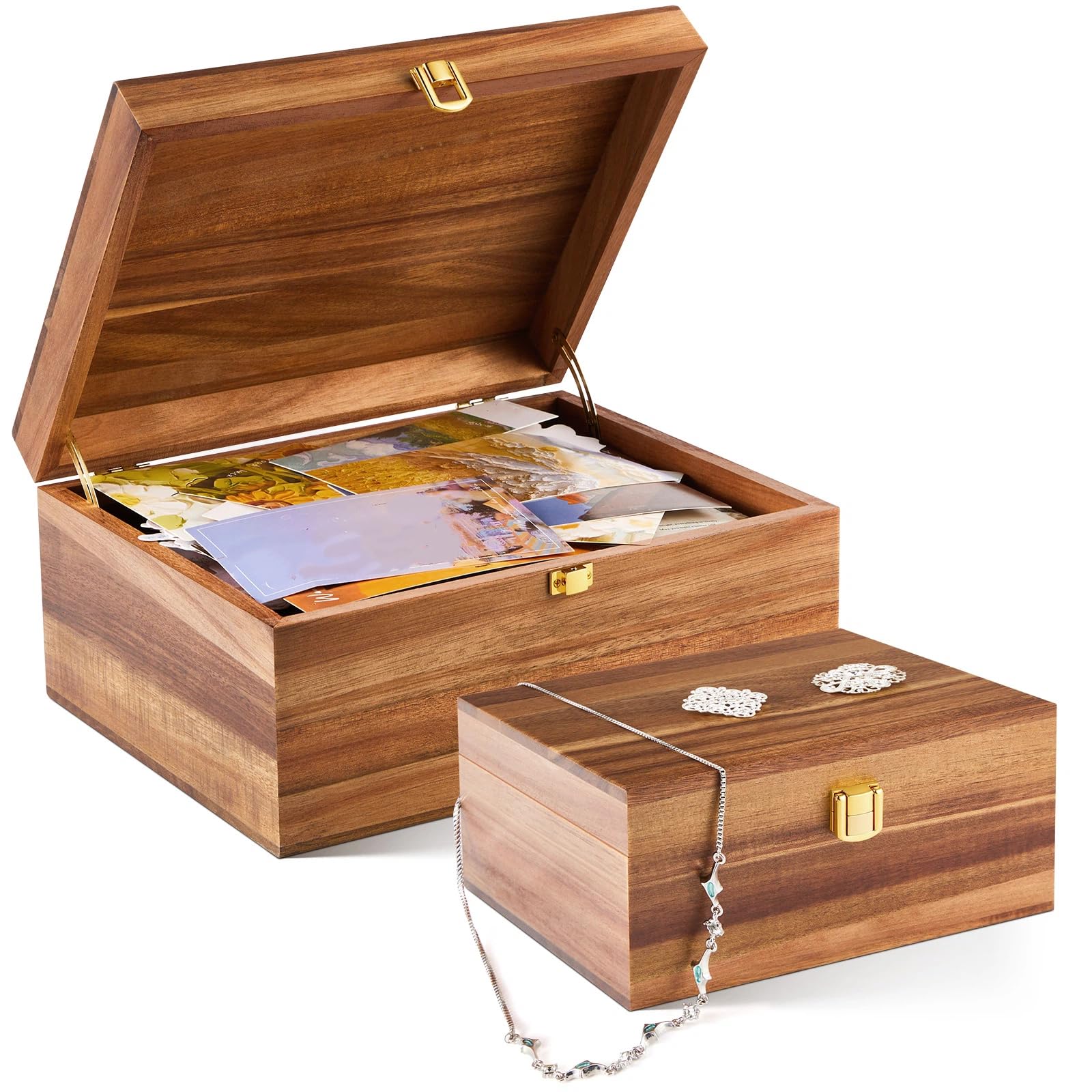 Vicenpal Erinnerungsboxen aus Holz mit Scharnierdeckel, Akazienholz, Größe S & L, 28 x 22 x 12 cm und 17 x 13 x 8,9 cm, dekorative Truhe für Bastelarbeiten, Fotokarte, Schmuck, Hochzeit, ideales