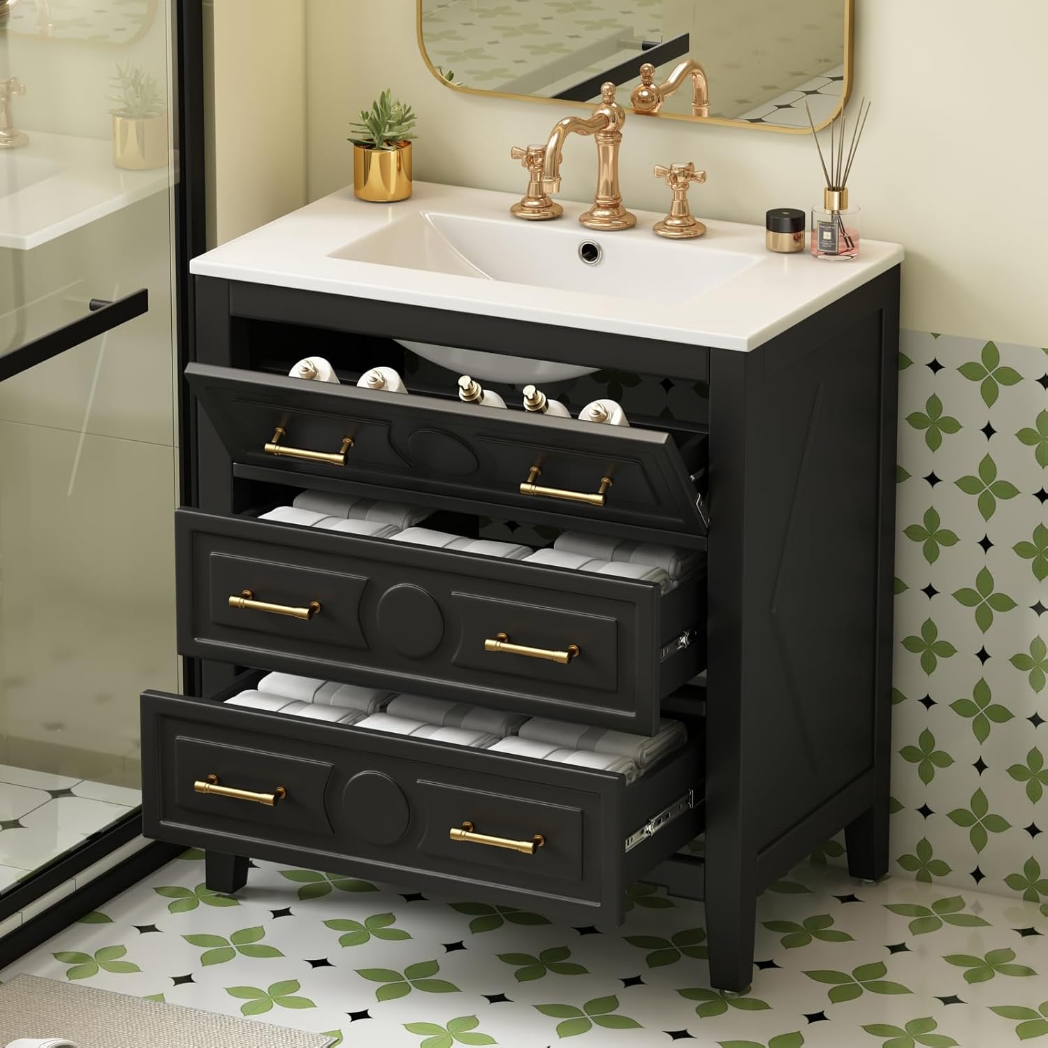 Merax 30" Bathroom Vanity with Sink Top, 3-Drawer Bathroom Vanity Storage Cabinet with Gold Pulls, Tip-Out Drawer, Solid Wood Frame Bath Storage Vanity with Ceramic Sink
