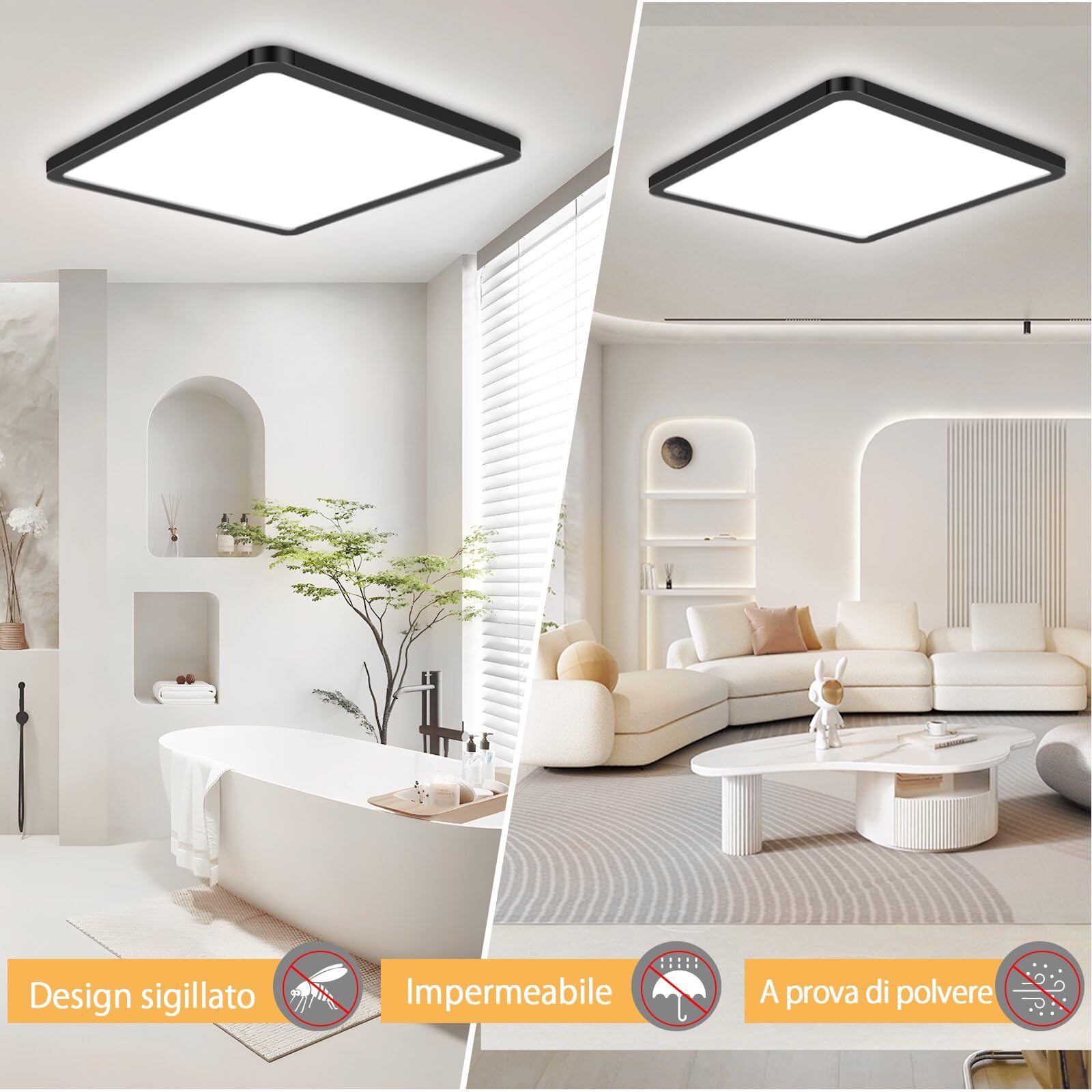 Plafoniera Soffitto 29CM, 24W 3200LM Lampada da Soffitto 6000K/4000K/3000K IP54 Impermeabile Quadrata Piatta Plafoniere Moderno Sottile per Soggiorno Bagno Cameretta Cucina Balcone Ufficio