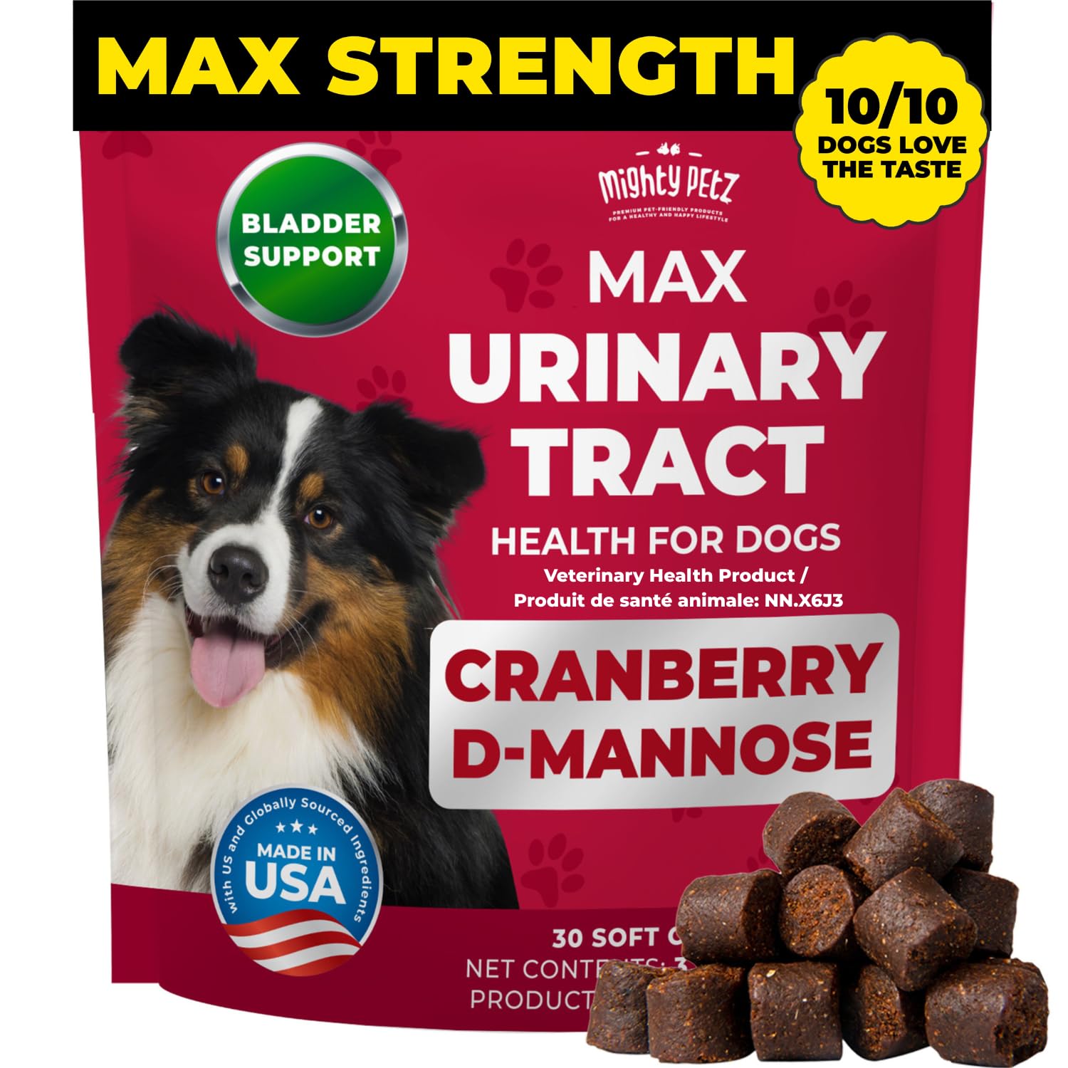 Mighty Petz MAX Cranberry for Dog UTI Treatment - MAX Strength Cranberry Supplement for Dogs + D-Mannose. Bladder Control for Dogs. Urinary Tract Care & Kidney Support Chews