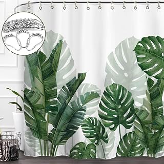 Baccessor Green Banana Monstera Leaf Shower Curtain with Metal Hooks Waterproof Washable Fabric Bathroom Decor Botanical Banana Monstera Leaf Palm Tree Shower Curtain 72 W x 72 L Inch