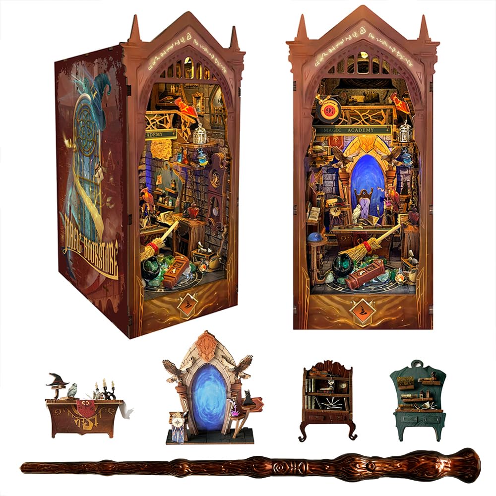 STRUCWOOD DIY Book Nook Kit with Remote Wand 3D Wooden Puzzle Dollhouse Miniature Booknook Creative Bookend Bookshelf Decor for Adults