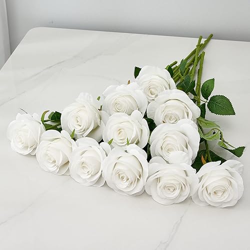 Miniatura 3 de 12 rosas artificiales, rosas artificiales de seda blanca, rosas con tallos largos para bodas, hogar, fiestas, centros de mesa, decoración