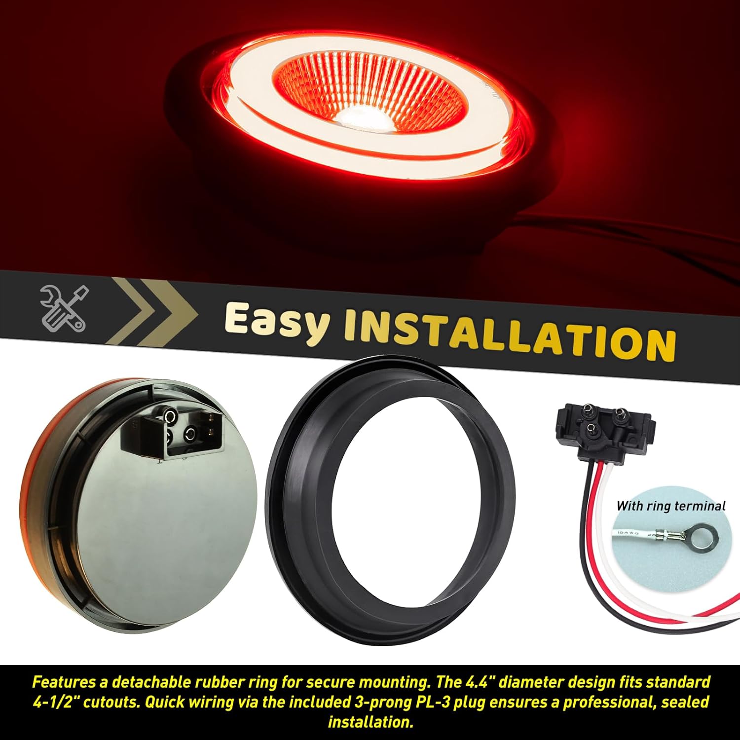 2pcs 4“ inch Round Unique Halo Design 32 LEDs Trailer Brake Stop Turn Signal Tail Lights w/Rubber Grommet Sealed Waterproof IP67 For RV/Van, DC 12V (Red Lens_Red Light)