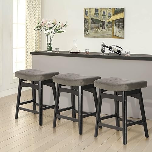 Miniatura 22 de Juego de 4 taburetes de bar de madera maciza blanca para encimera de cocina, taburetes de bar costeros con taburetes tapizados de piel sintética