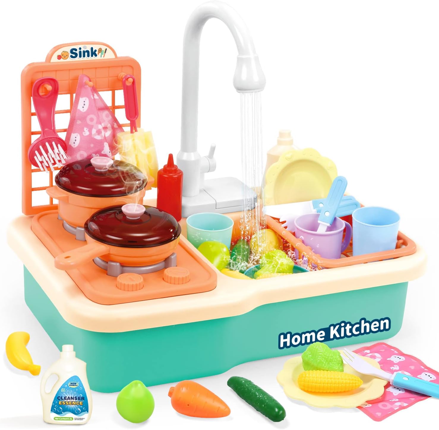 CUTE STONE Kitchen Sink Toys with Running Water, Play Sink with Upgraded Electric