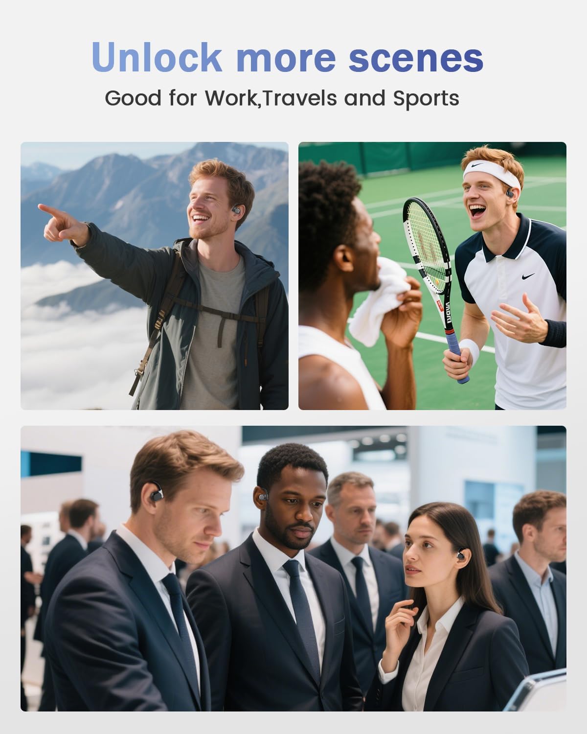 People using translation headphones in various scenarios like travel, work, and sports
