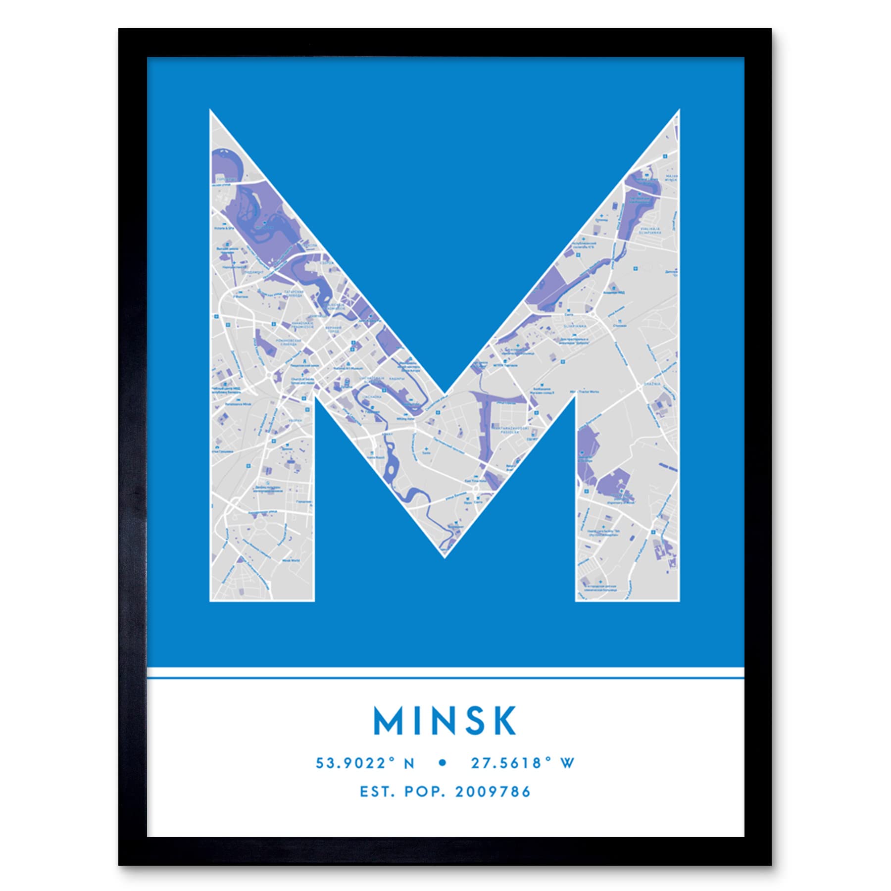Minsk City Map Minsk Blue by Wee Blue Coo - Single Picture Frame Typography