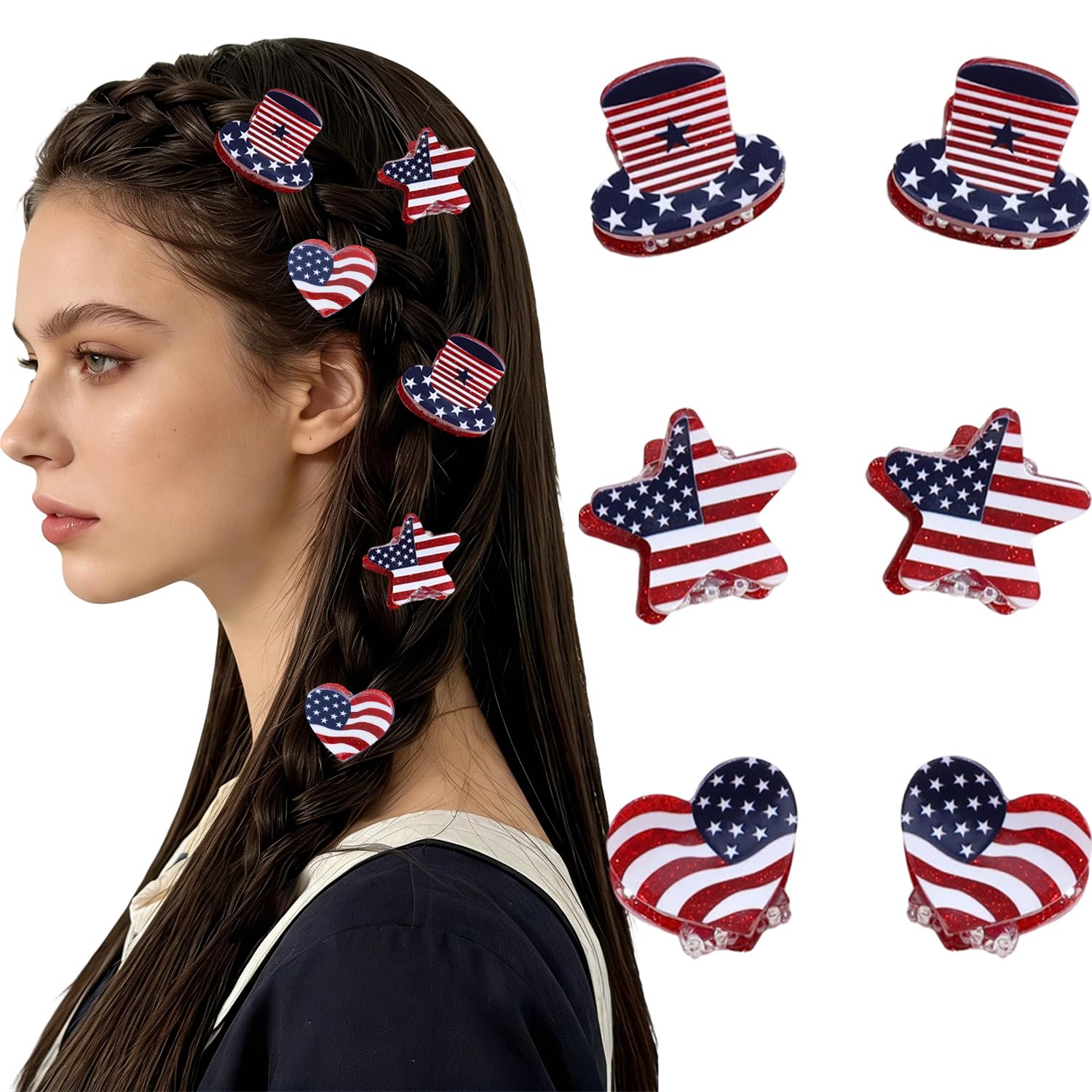 Independence Day American Flag Hair Clips with Heart Hat Pentagram Design Mini Hair Claw Clips 4th of July Patriotic Accessories for Women Girls Holiday Parade Party Decor Supplies 6 Pcs