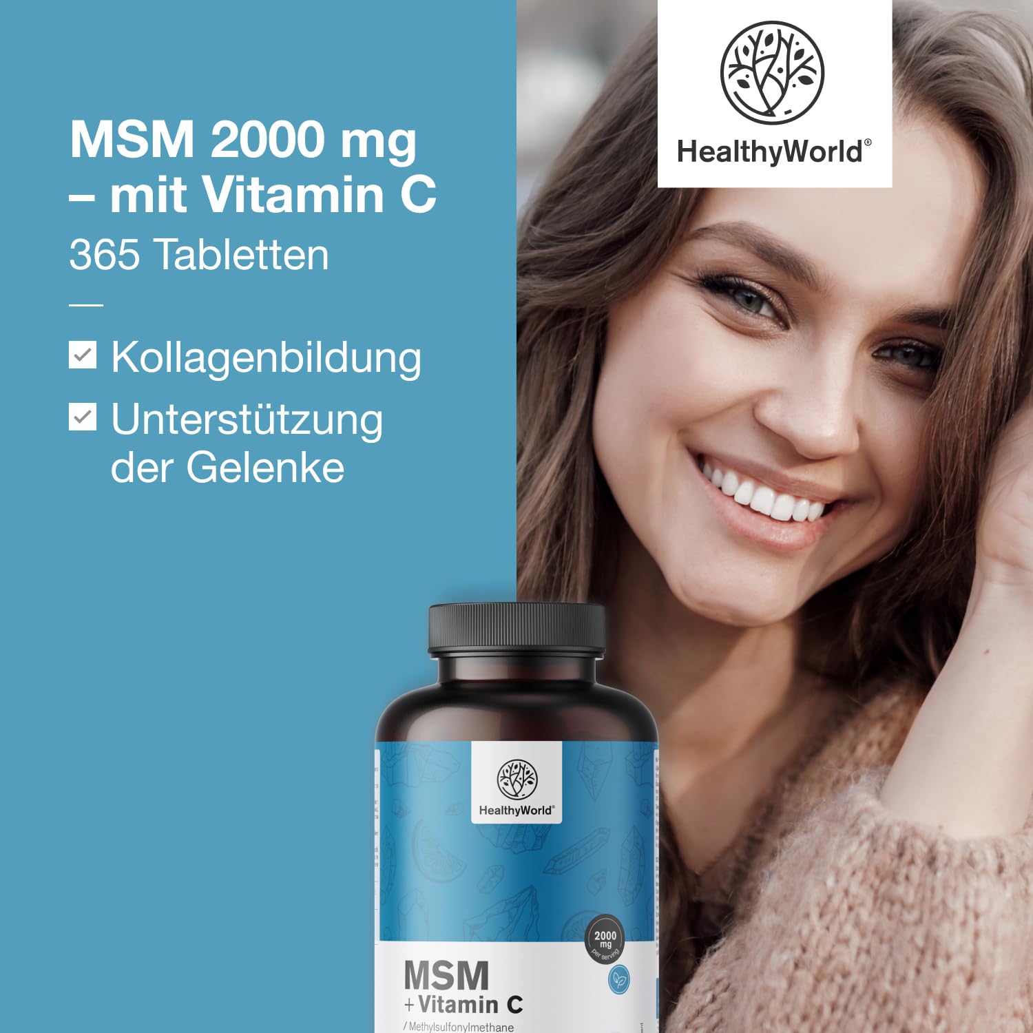 HealthyWorld MSM 2000 mg - Mit Vitamin C - 365 Tabletten - 6 Monate Vorrat - Hohe Konzentration - 2000 mg pro Tagesdosis - Vegetarisch - Ohne Zusätze - Schönheitsmineral