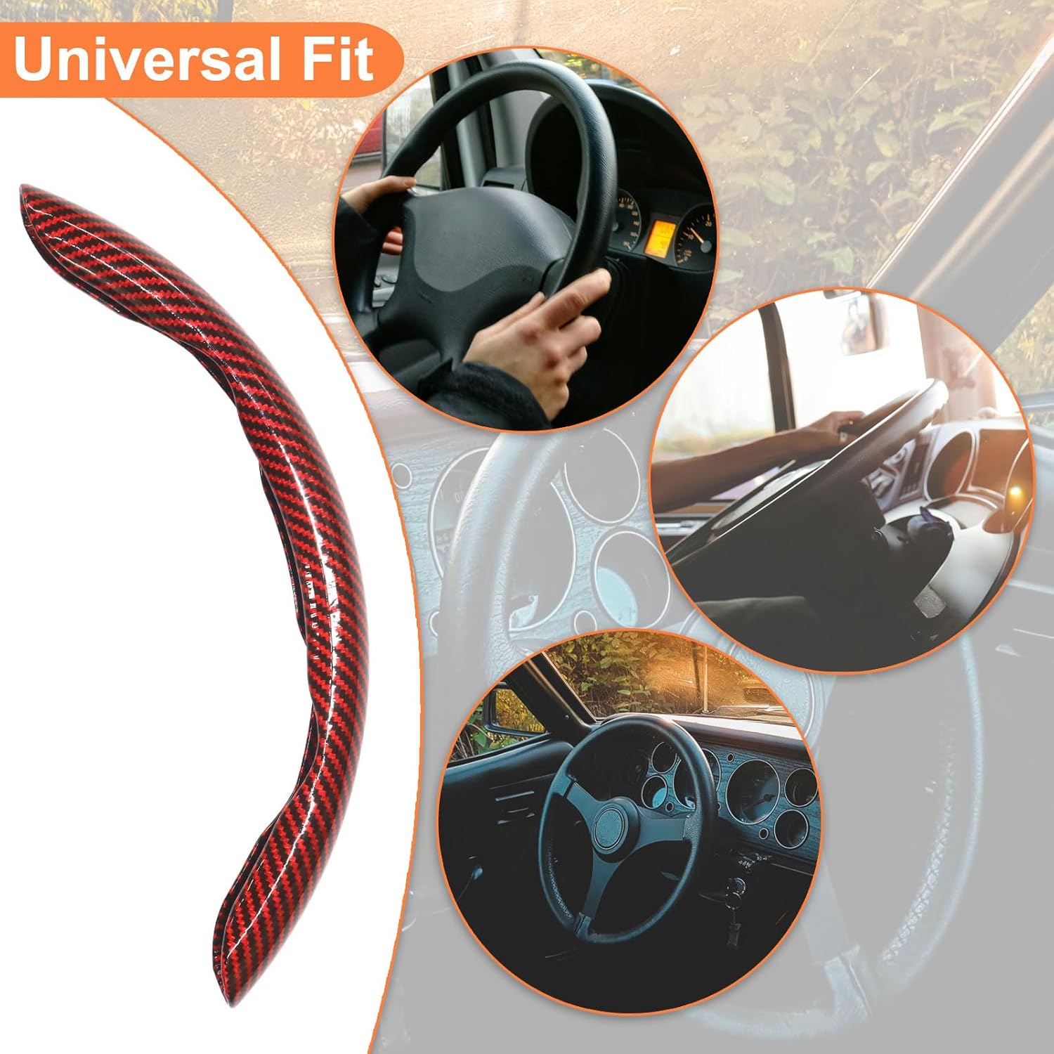 3pcs Carbon Fiber Steering Wheel Cover - Snap on 15 Inch Anti-Slip Car Steering Wheel Protector, Universal Car Interior Accessories (Red)