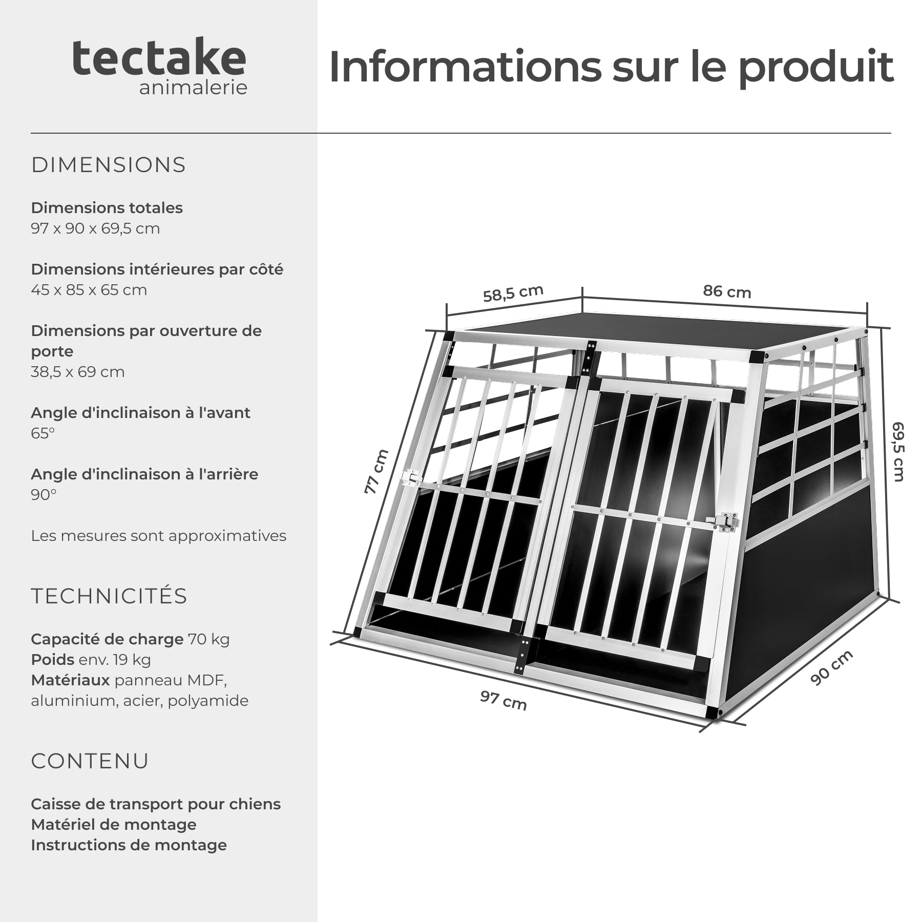 tectake® Caisse de Transport pour Chien légère & Solide Double Cage de Transport Chien pour Transport Chiens Voiture, Maison ou Jardin Cage avec paroi pour Max. 2 Chiens - 97 x 90 x 69,5 cm