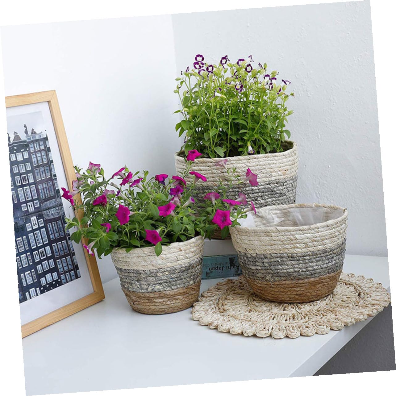 GANAZONO 2 Sztuki Woven Straw Flower Baskets Decorative Plant Containers for Desktop Indoor Rustic Farmhouse Style