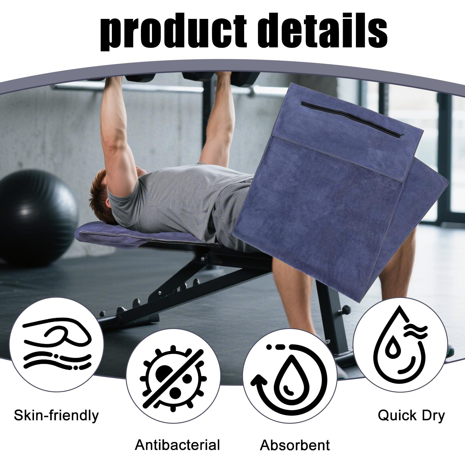 Toalla de fitness Baieye 120x50CM, toalla deportiva con bolsillo con cremallera oculta, toalla absorbente de microfibra para deportes, toalla de entrenamiento para gimnasio, yoga, al aire libre y
