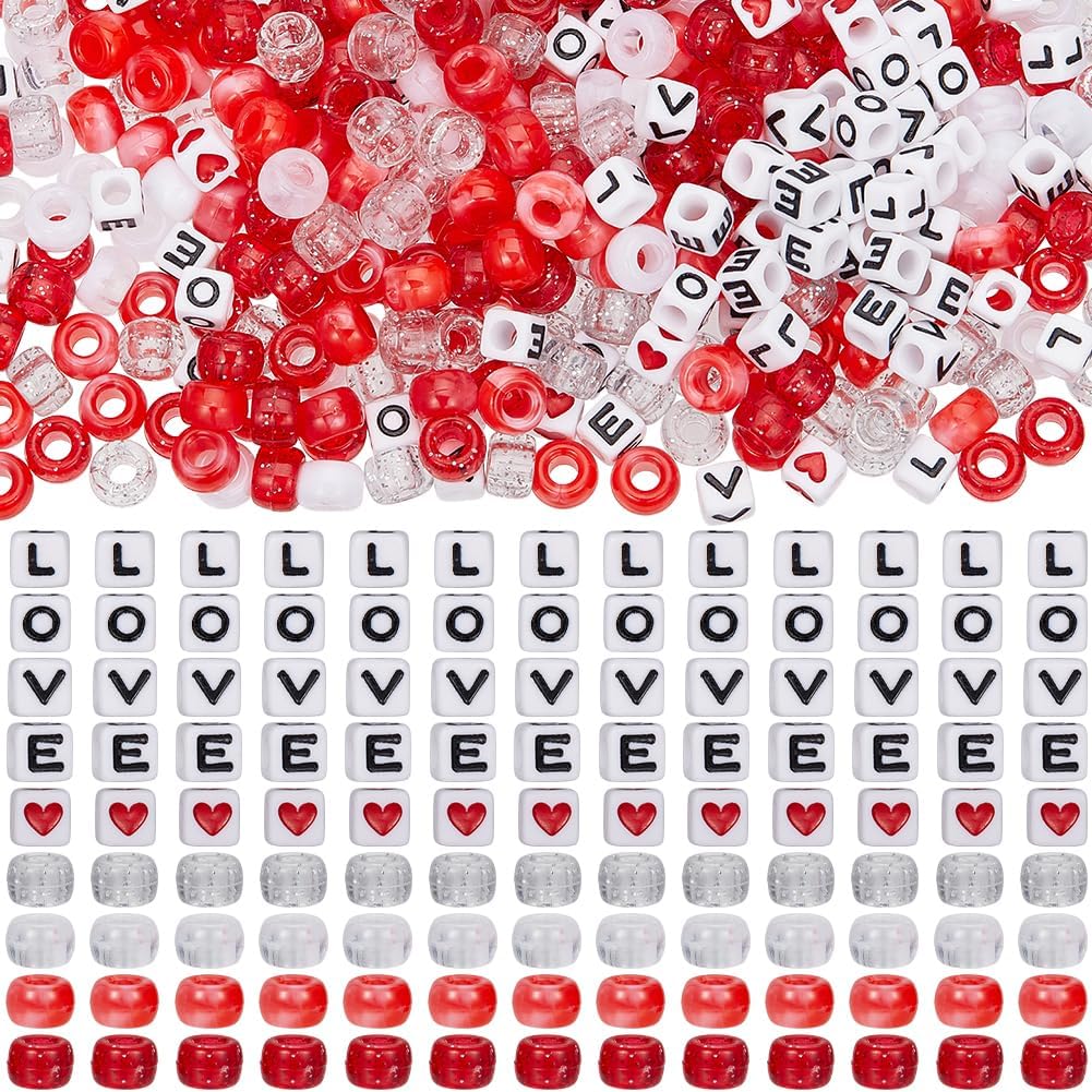 800Pcs Valentine's Day Bead Kit Red Pony Beads 6x9mm Barrel Plastic Beads Acrylic Love Letters Bracelet Kit for Jewelry Making Kits Supplies Bracelets Adult Father's