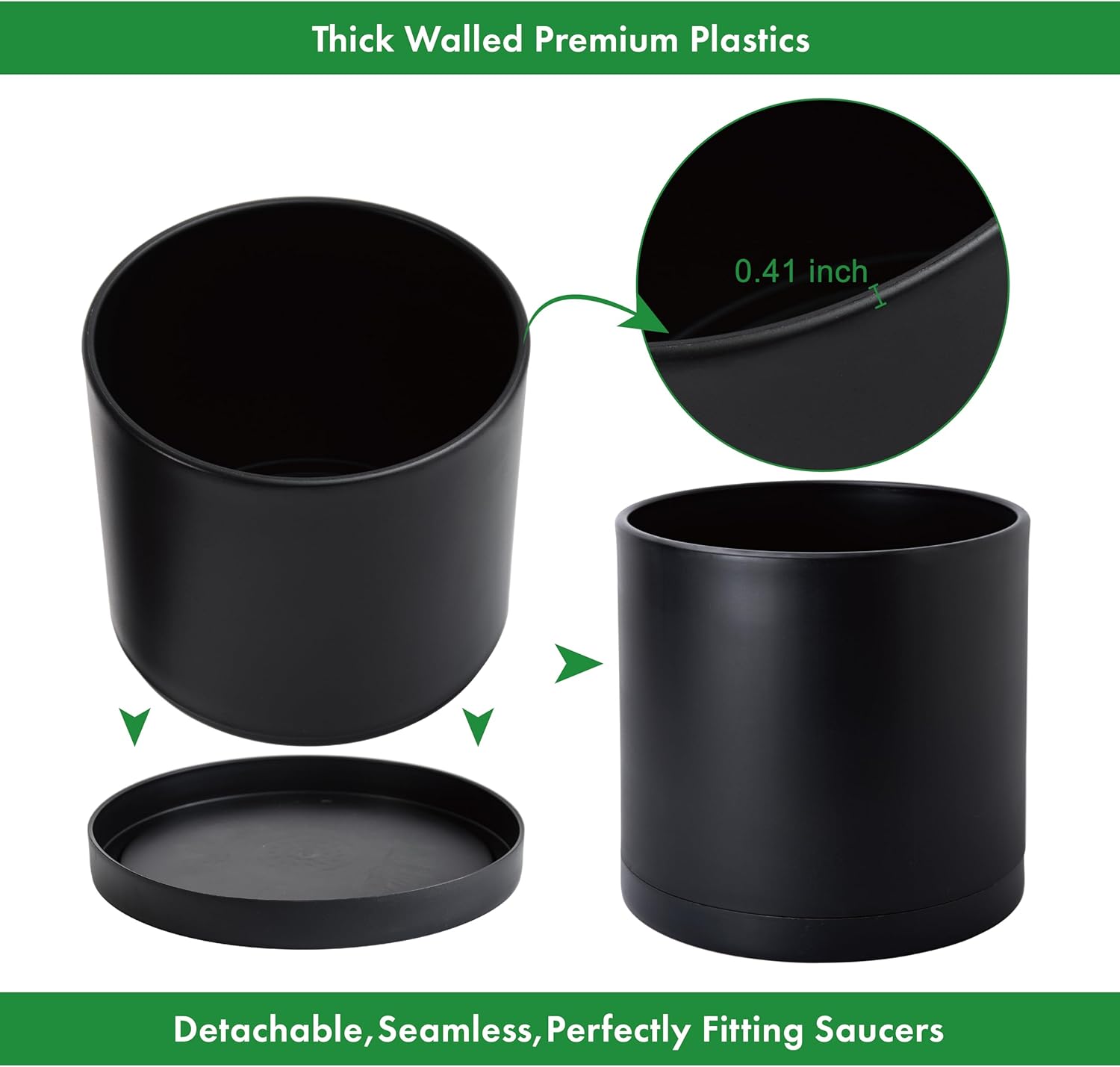 D'vine Dev 14 Inch Black Plastic Planter Pots for Plant Pot with Drainage Hole and Seamless Saucers, 74-X-B-4 - Image 4