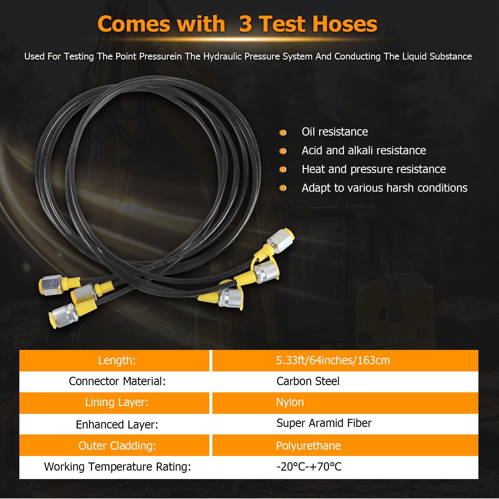 Zestaw do pomiaru ciśnienia hydraulicznego z 4 manometrami 10/25/40/60 MPa, 13 złączami i 3 wężami. Zestaw manometrów ciśnienia hydraulicznego do koparek, ciągników i sprzętu budowlanego.