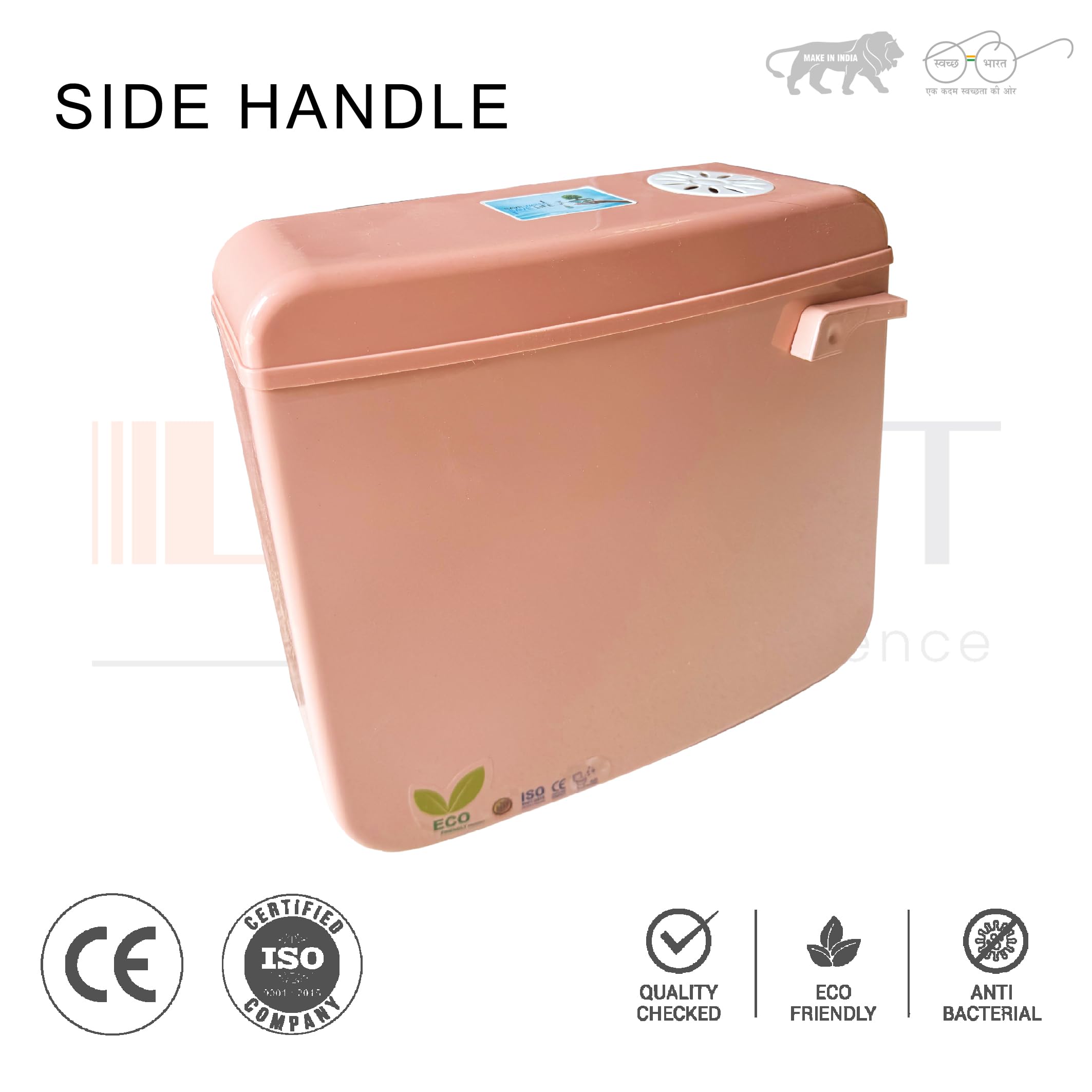 LUXART Premium 8-Liter Single Flush Toilet Tank| Pink | Slim Wall Mounted Polypropylene Cistern with Side Handle Mechanism | Air Freshener Slot 1