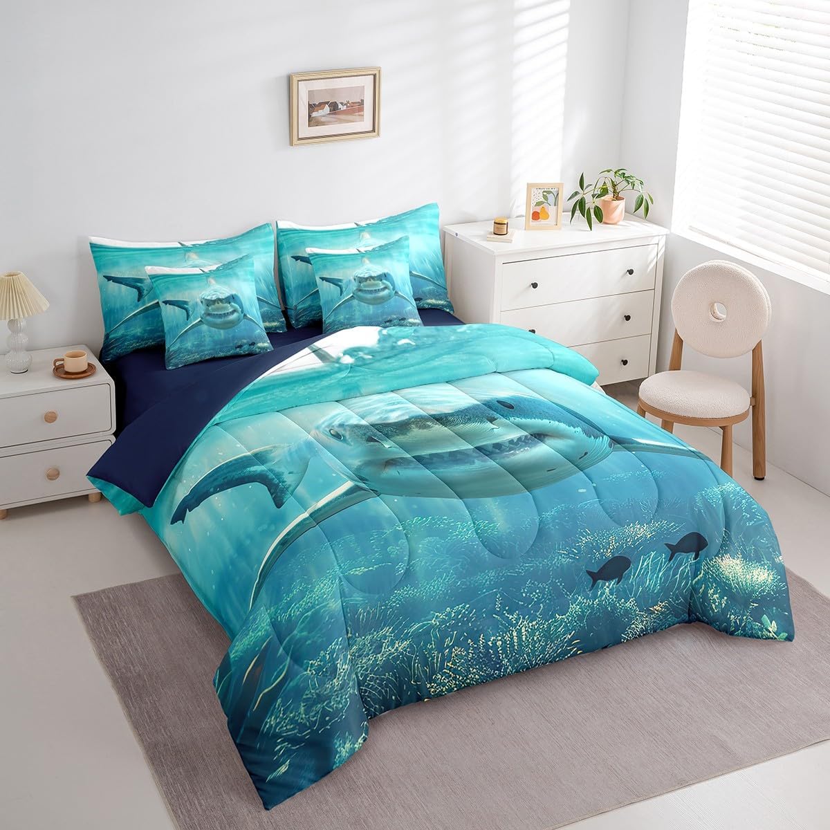 Feelyou Shark Comforter Set with Sheets Shark Fish 7 Piece Bedding Set Full for Kid, Sea Animal Bedding Sets with All Season Quilted Comforter, Flat Sheet, Fitted Sheet, Pillowcases, Pillow Covers