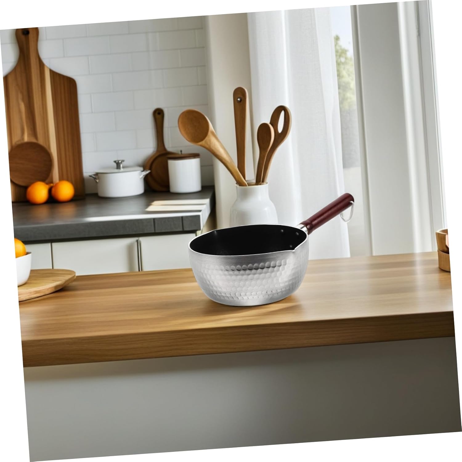 VOSAREA Nonstick Japanese Saucepan with Wooden Handle Versatile Cooking Pot for Noodles Soups and Milk Easy-pour Spout Compact Design for Kitchen Outdoor Use