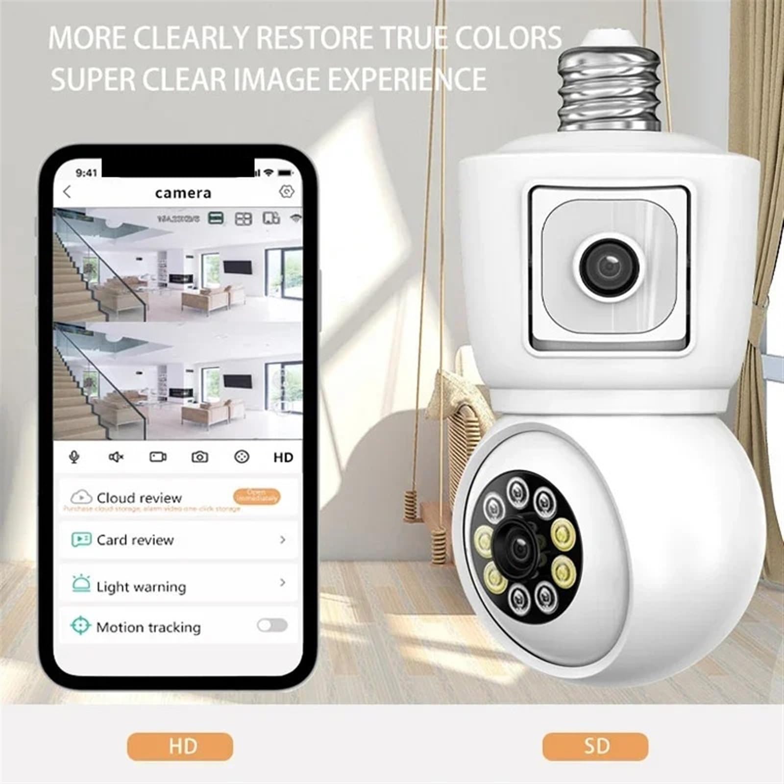 Telecamera Wifi Esterno, Telecamera 4K 8MP E27 Lampadina Doppia lente Doppio schermo Monitoraggio automatico Audio bidirezionale Visione notturna a colori Telecamera di sicurezza esterna ,Sicurezza, A