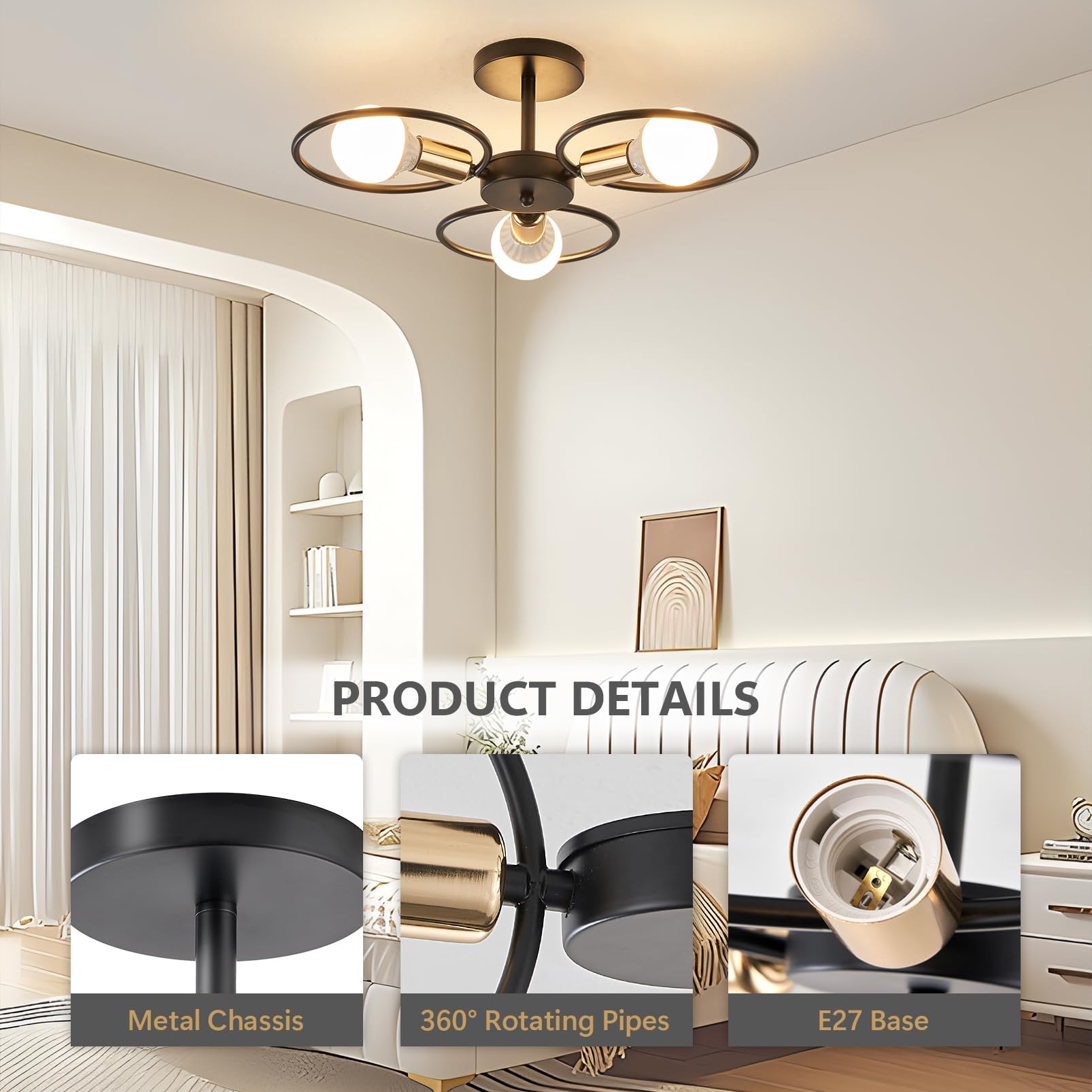 YOODI Plafonnier Industriel Lustre Plafonnier 3 Bulbs, Luminaire Salon Lustre Cuisine Moderne Luminaire avec Base E27, Éclairage de Plafond en Métal Lustre Chambre Intérieur (Sans Ampoule)