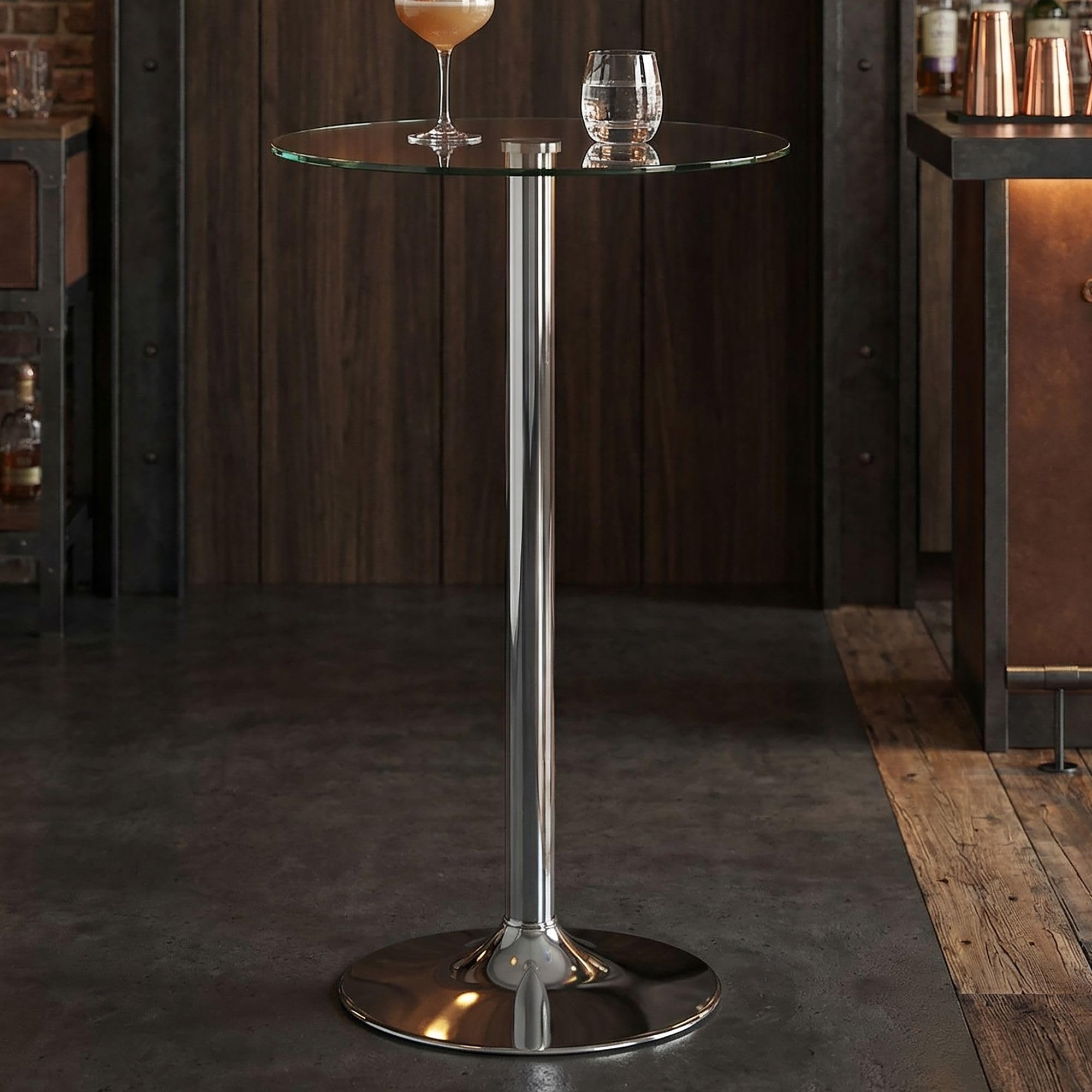 FineBuy Mesa Alta 60x60x105 cm Redonda Mesa de Bar Cristal de Seguridad Mesa bistró Plata, Mesa Moderna para Bar, Mesa de Fiesta de diseño Metal, Mesa Alta de Feria Cromo
