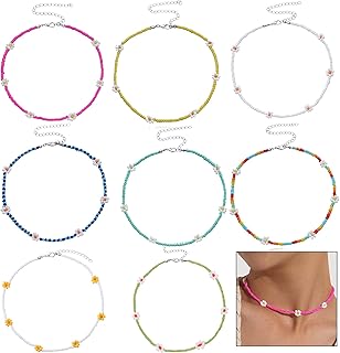 8PCS Beaded Choker Necklace Seed Bead Choker Necklace Bohemian Beaded Necklace Colorful Bead Necklace Rice Bead Necklace Flower Necklace Beaded Beach Summer Necklace for Women Girls