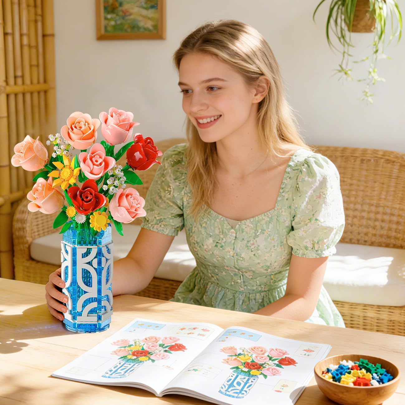 14 Flowers Bouquet Building Set with Vase and LED Light, Valentine‘s Day Gifts for Her, 747 PCS Mini Roses Flower Botanical Building Blocks Toy, Artificial Roses Flowers Home Decor & Display - Image 2