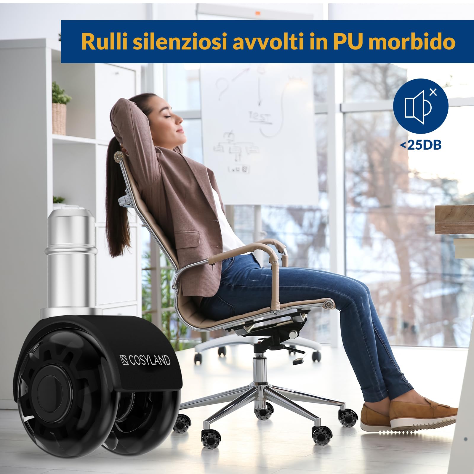 COSYLAND Set 5 Rotelle Doppie Nero Trasparente, Ruote sedia ufficio resistenti e silenziose, ruote per sedia ufficio per parquet, perfette per ufficio, 11X22MM